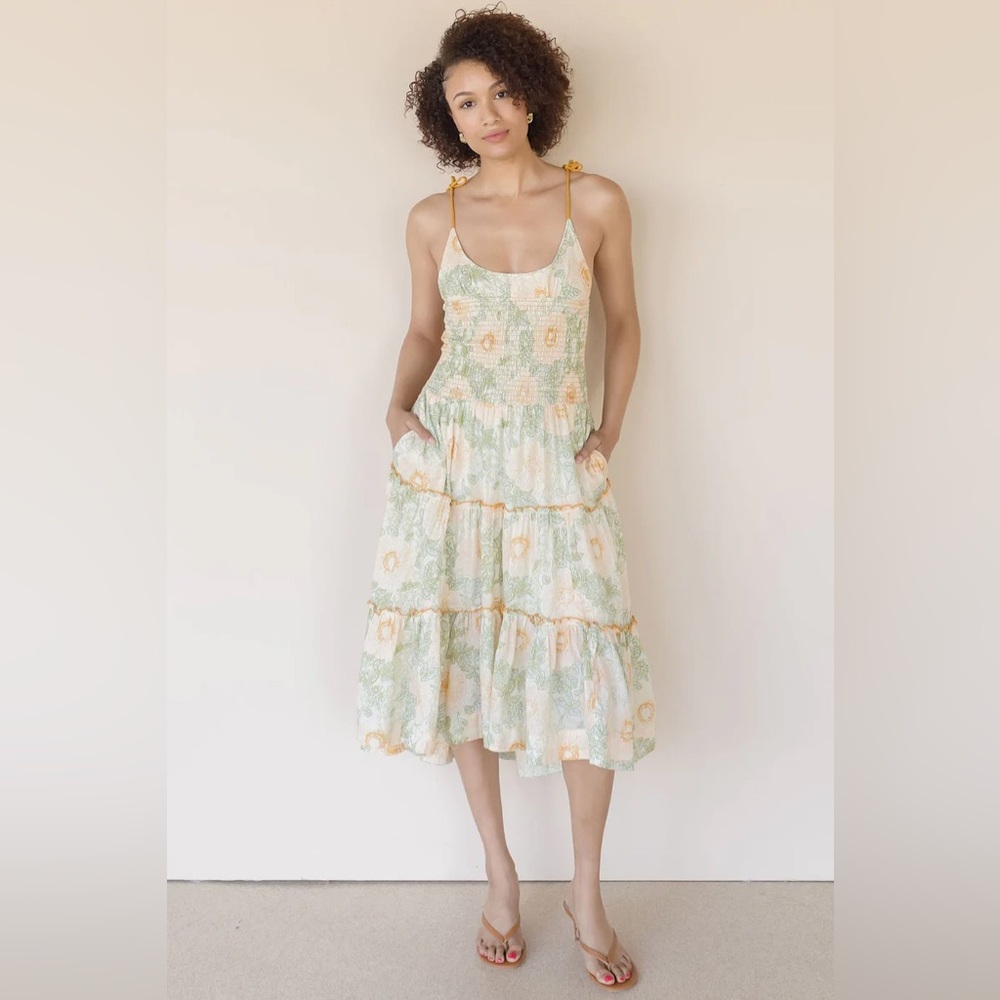 Free People Adriel Tie Strap Tiered Midi Dress in Ivory Combo